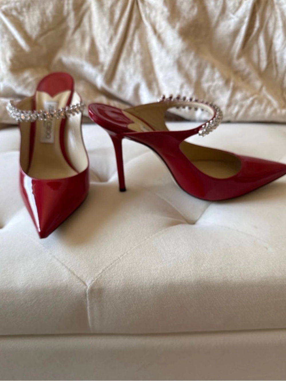 Jimmy Choo Red Patent Pointed Toe Crystal-Strap Mules - Picture 2 of 11